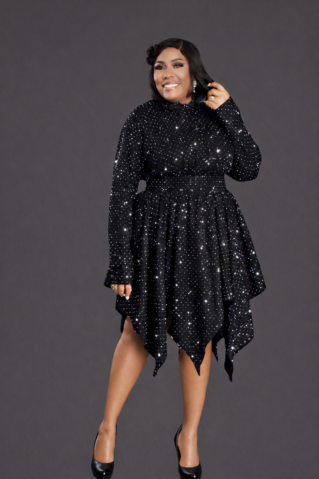 HK Dress – Elegant Black Sparkle Handkerchief Hem Dress | Nonnistics