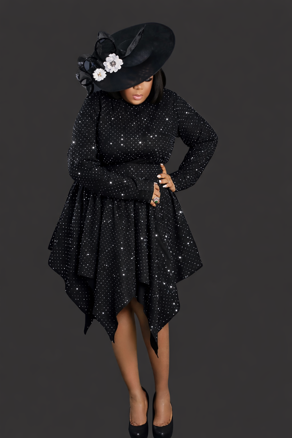 HK Dress – Elegant Black Sparkle Handkerchief Hem Dress | Nonnistics